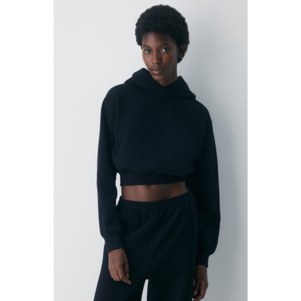 TNA Cozy Sweatfleece Perfect Crop Hoodie XS Black Kanga Pocket Travel Loungewear